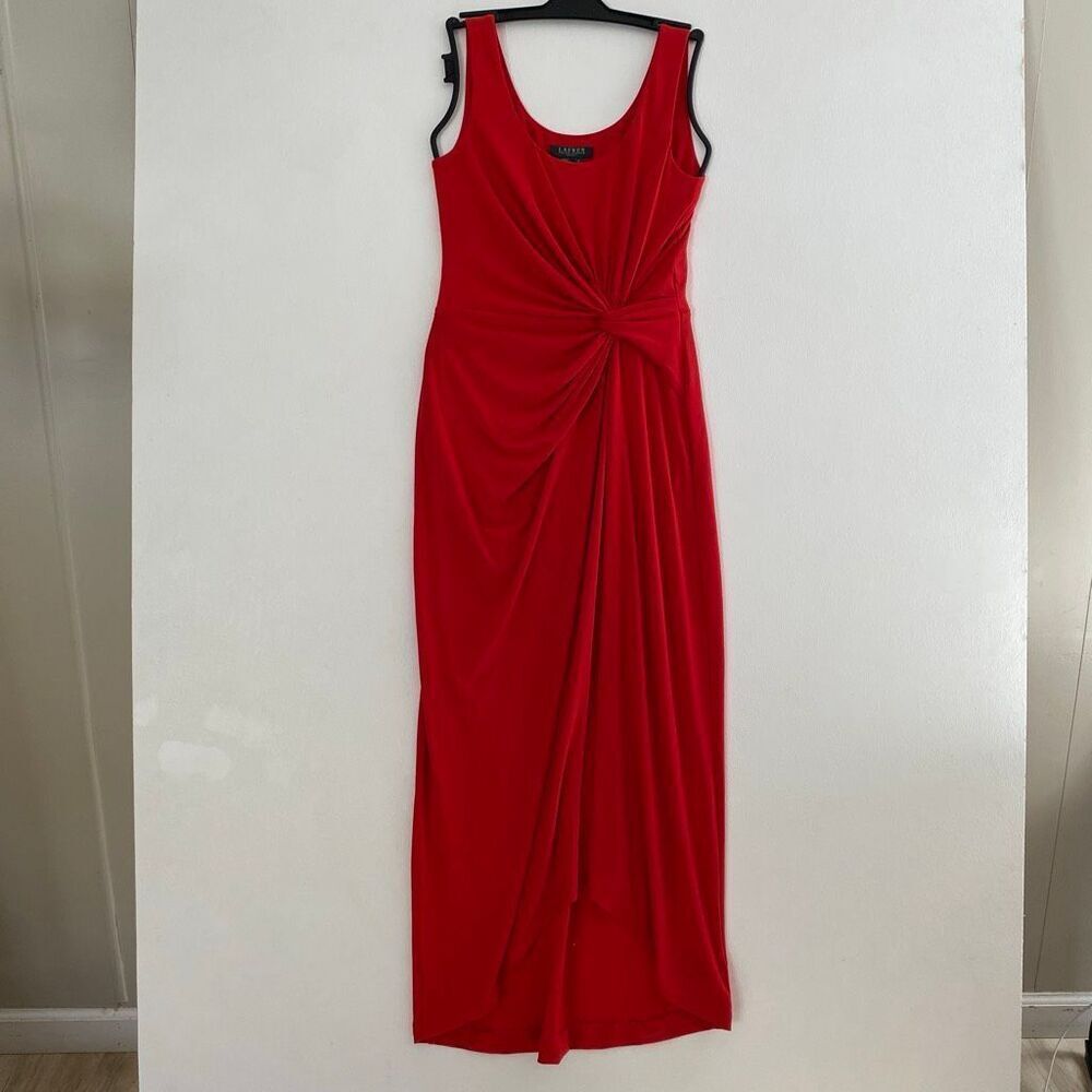 Lauren Ralph Lauren Red Draped Twist Waist Maxi Dress Sleeveless Size 6